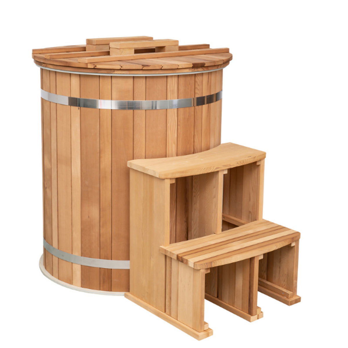 Redwood Outdoors Alaskan Cold Plunge Tub made of heat treated wood exterior view with the lid on and stairs.