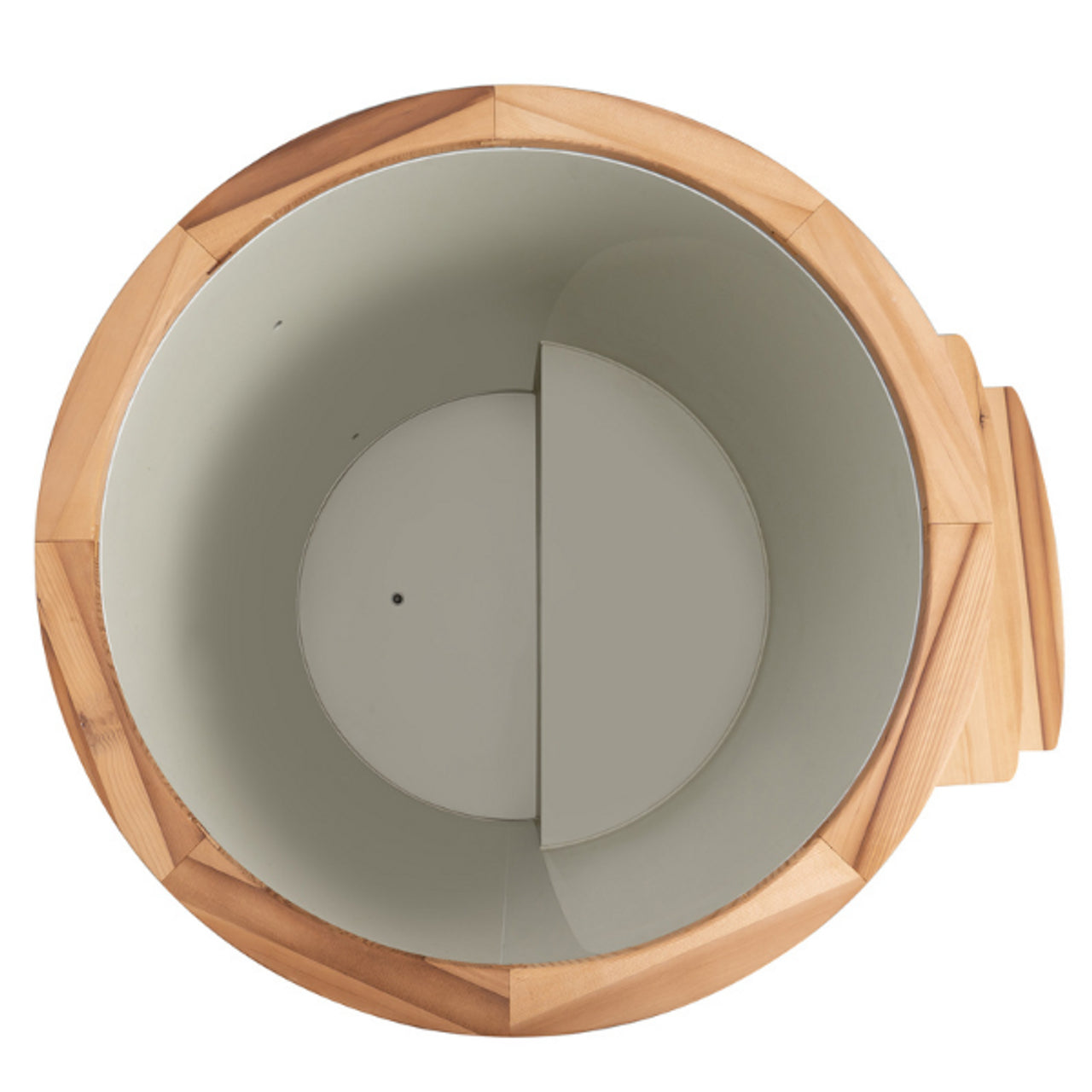 Redwood Outdoors Alaskan Cold Plunge Tub made of heat treated wood exterior view with the lid off interior view without water.