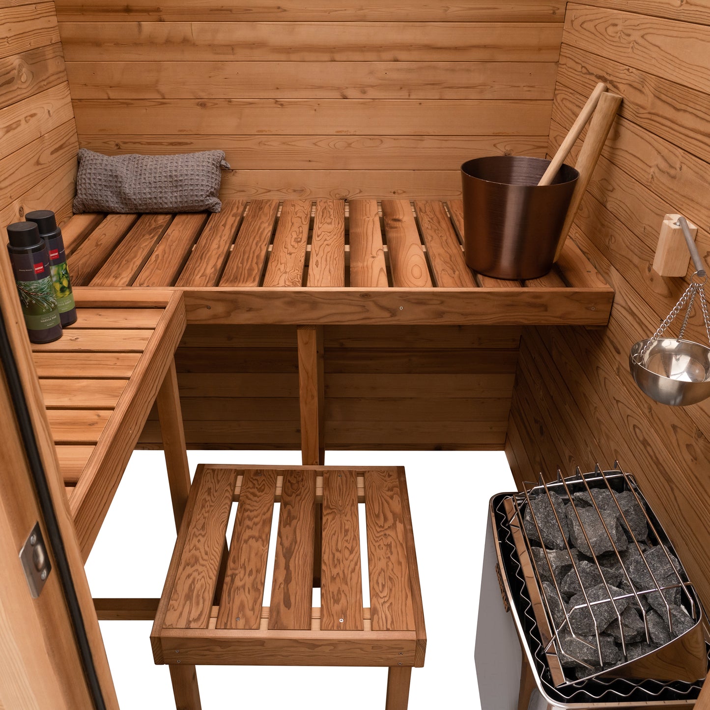 Redwood Outdoors Haven 3 person indoor sauna, made of hemlock wood interior view of the front of the sauna