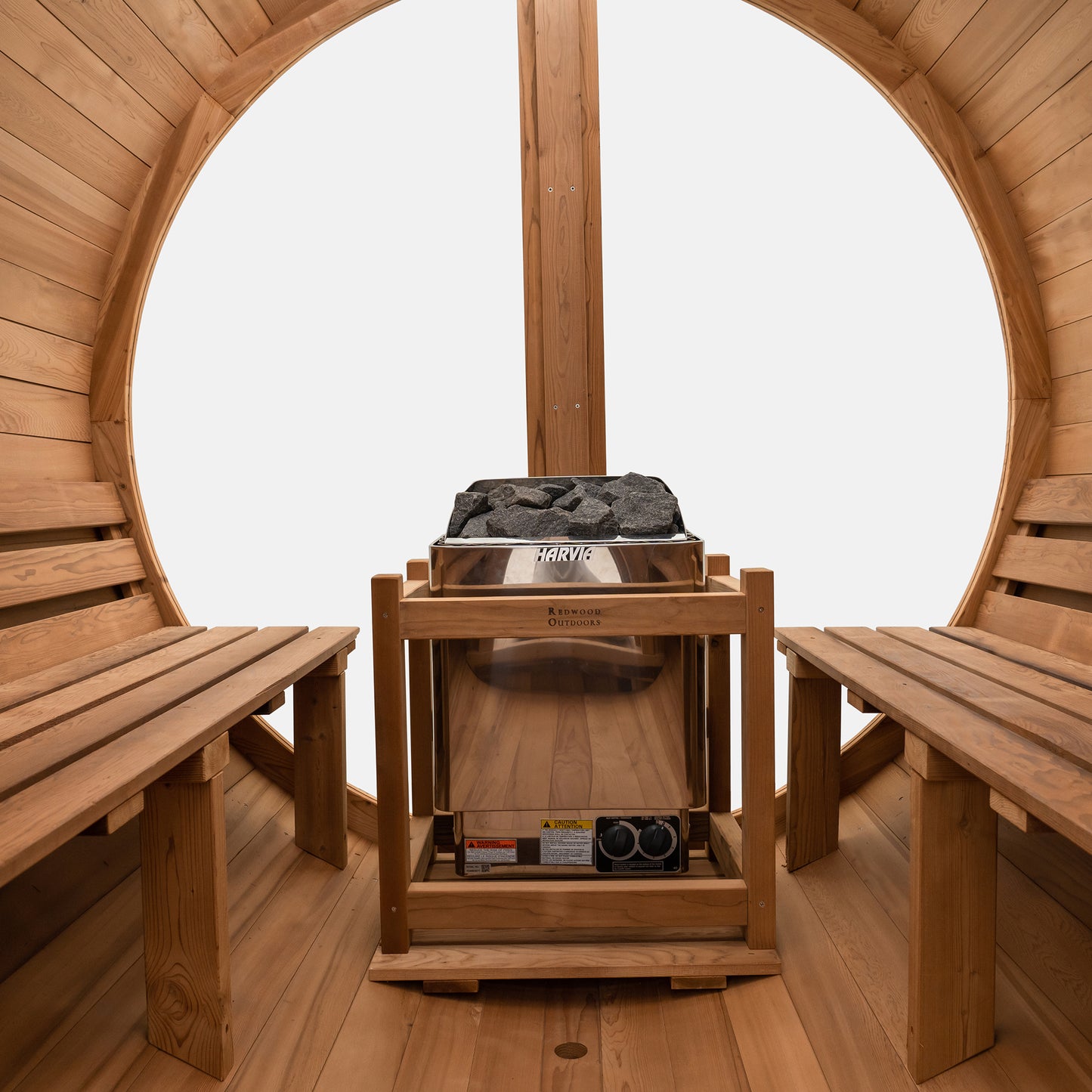 Redwood Outdoors Horizon 6 person outdoor sauna, made of hemlock wood with large rear window, heater with guard and two benches on both sides.