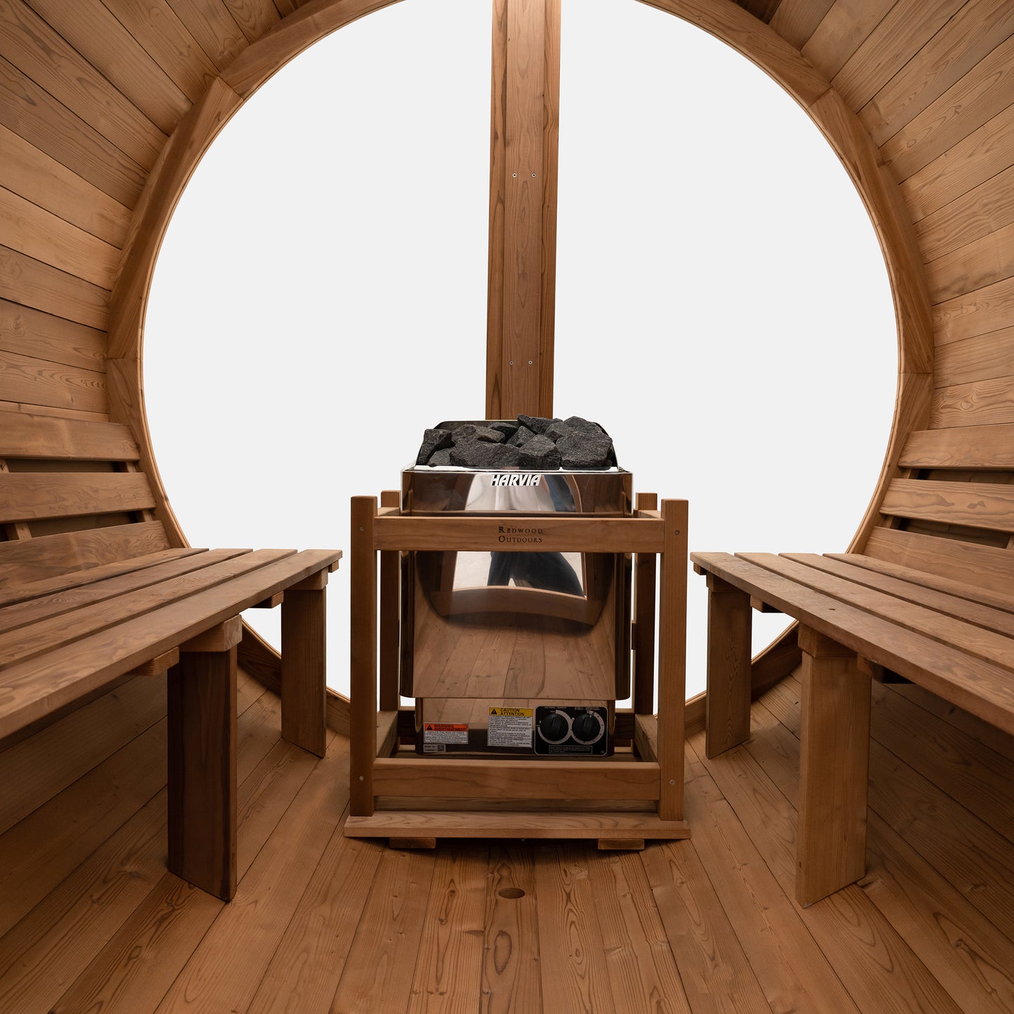 Redwood Outdoors Vista 6 person outdoor sauna, made of hemlock wood with large rear window, heater with guard and two benches on both sides.
