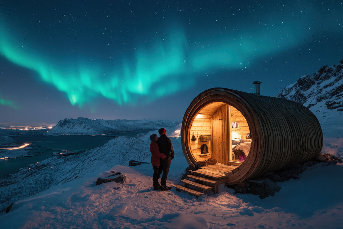 Northern lights over a barrel sauna on a snowy clifftop, with a person standing at the lit doorway