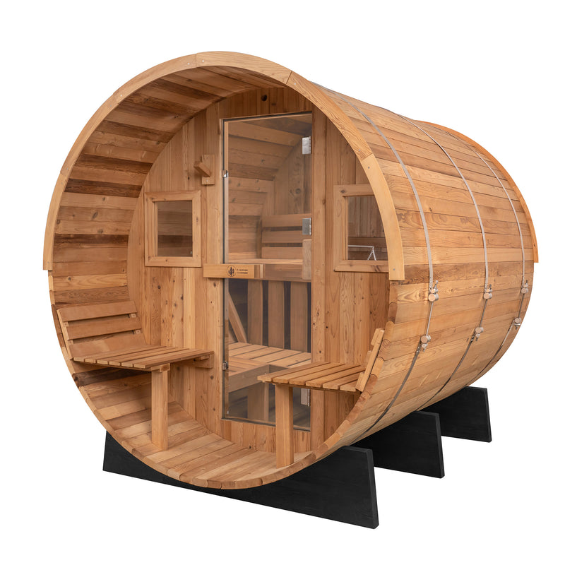 Extra-Wide Barrel Outdoor Sauna w/ Porch - 6 Person