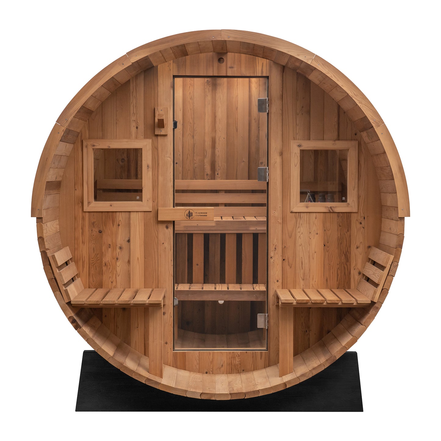 Redwood Outdoors 6 person Barrel Outdoor Sauna Extra-Wide with porch made of hemlock with a glass door and two windows, front outside view. 