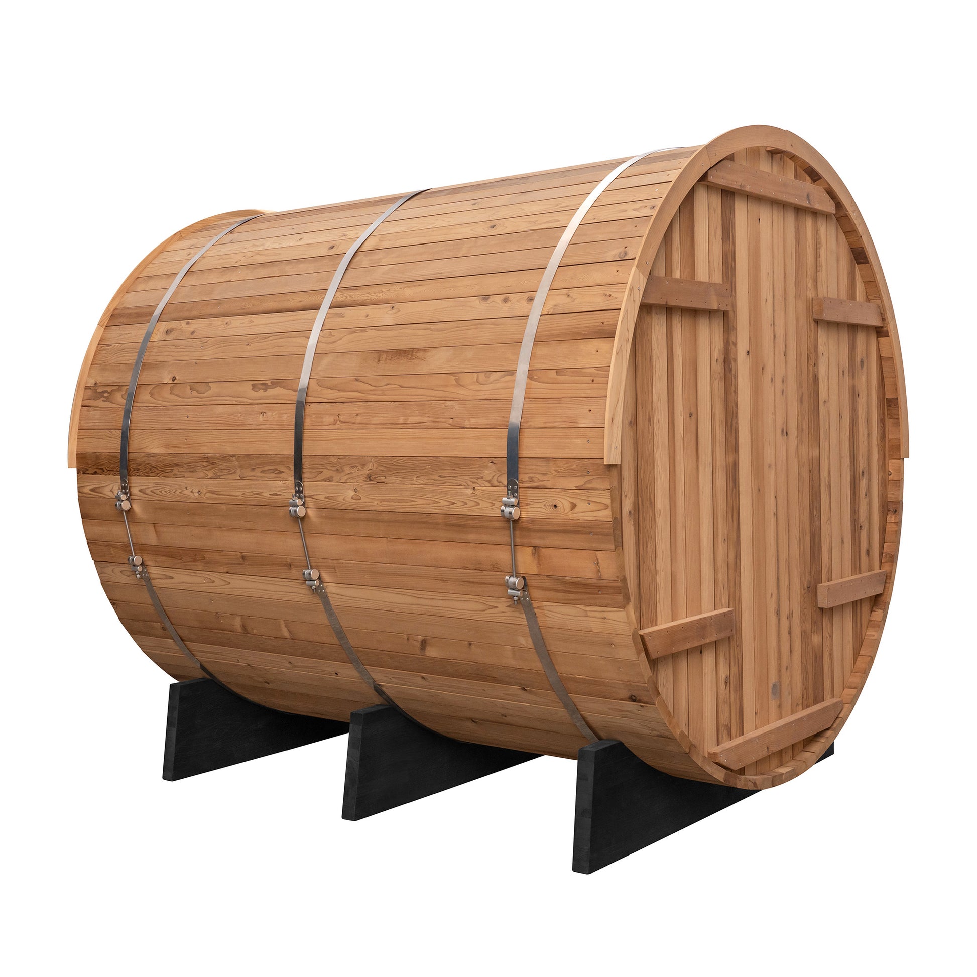 Barrel Sauna made of hemlock wood, a view of the rear wall of the sauna.