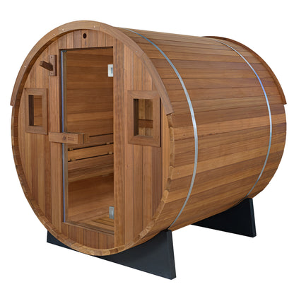 Redwood Outdoors 6 person Barrel Outdoor Sauna made of eucalyptus with a glass door and two windows, front outside view. 