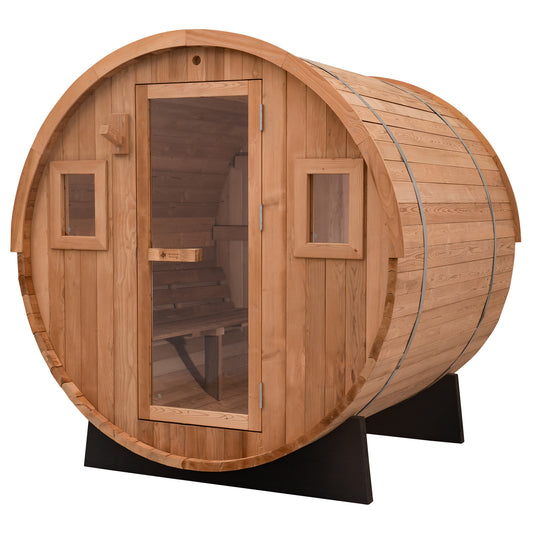 Redwood Outdoors 6 Person Barrel Outdoor Sauna made of hemlock with a glass door and two windows, front outside view.