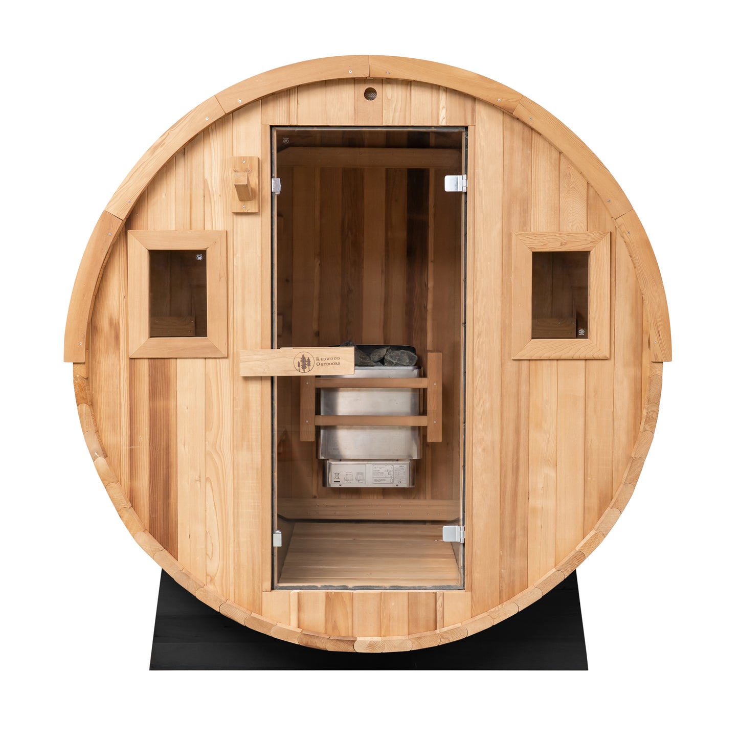 Redwood Outdoors 6 person Barrel Outdoor Sauna made of hemlock with a glass door and two windows, front outside view. 