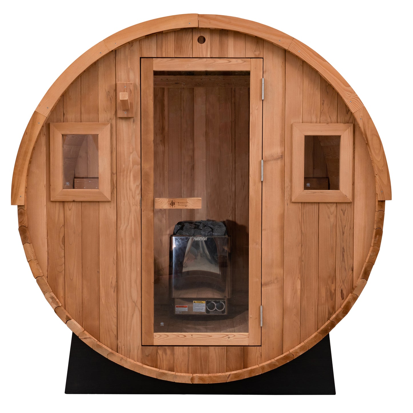 Redwood Outdoors 6 Person Barrel Outdoor Sauna made of hemlock with a glass door and two windows, front outside view.