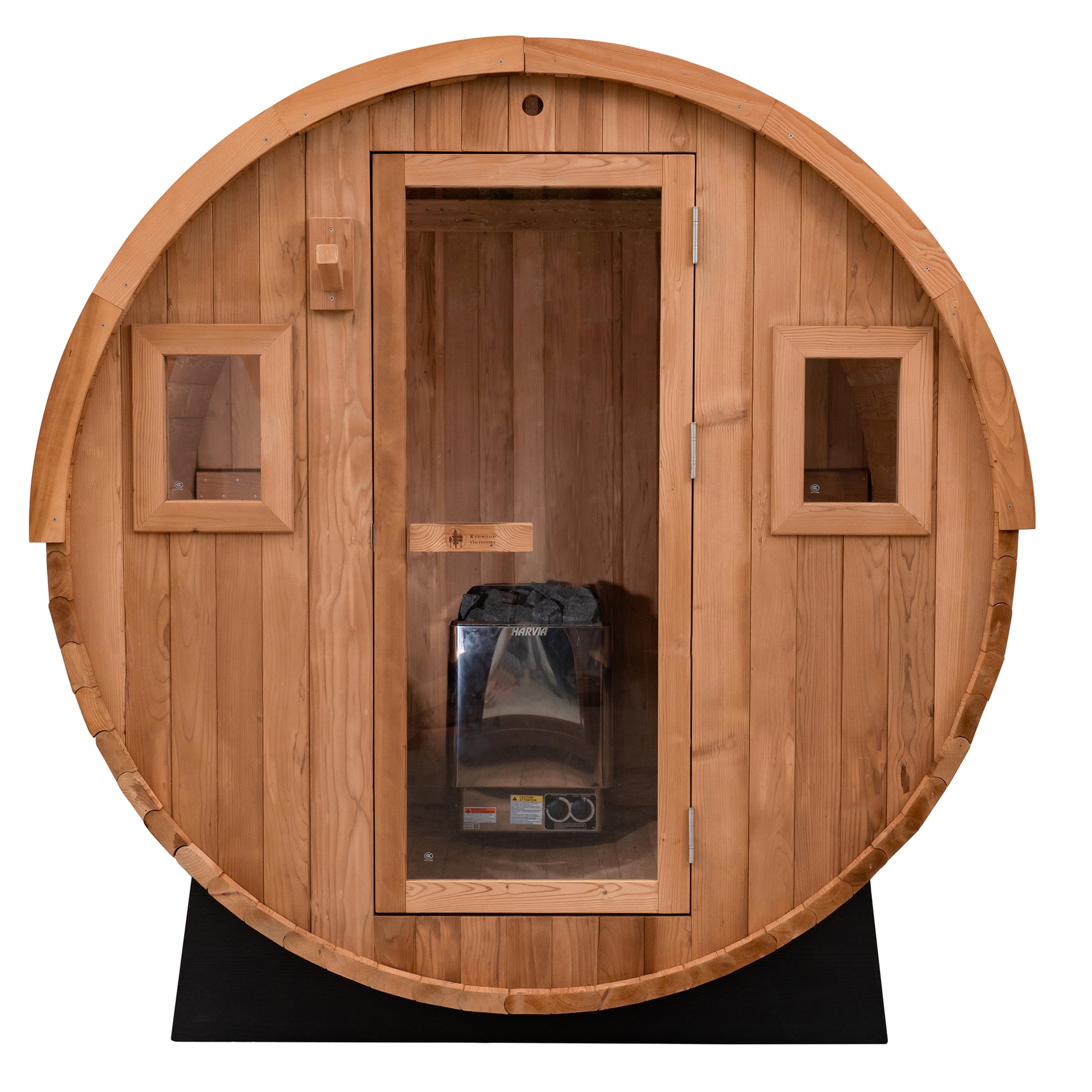 Redwood Outdoors 6 Person Barrel Outdoor Sauna made of hemlock with a glass door and two windows, front outside view.
