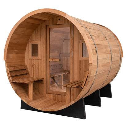 Redwood Outdoors 6 person Barrel Outdoor Sauna with porch made of hemlock with a glass door and two windows, front outside view.