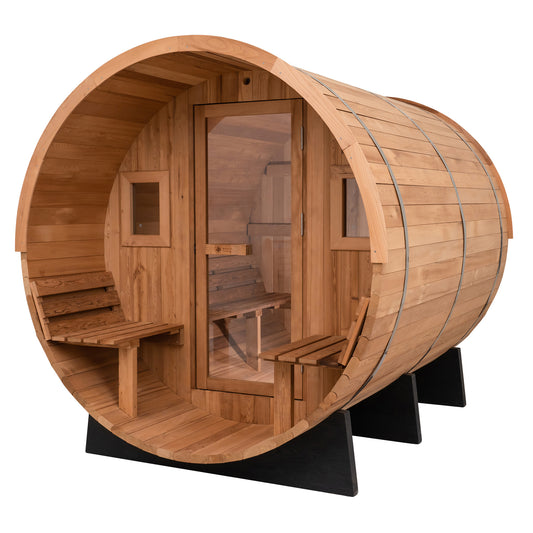 Redwood Outdoors 6 person Barrel Outdoor Sauna with porch made of hemlock with a glass door and two windows, front outside view.