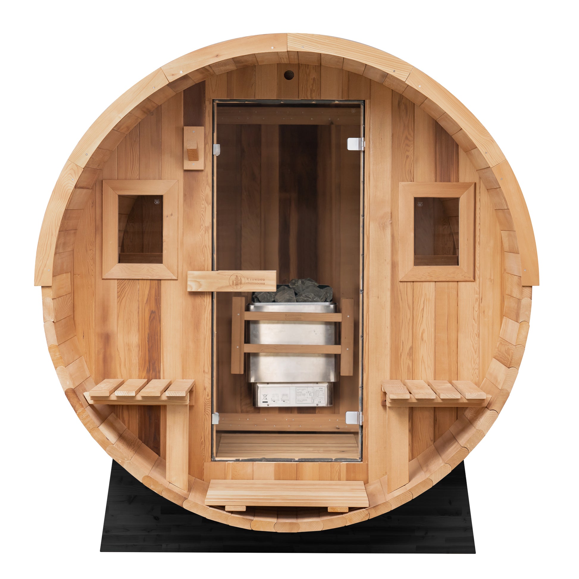 Redwood Outdoors 6 person Barrel Outdoor Sauna with a porch made of hemlock with a glass door and two windows, front outside view. 