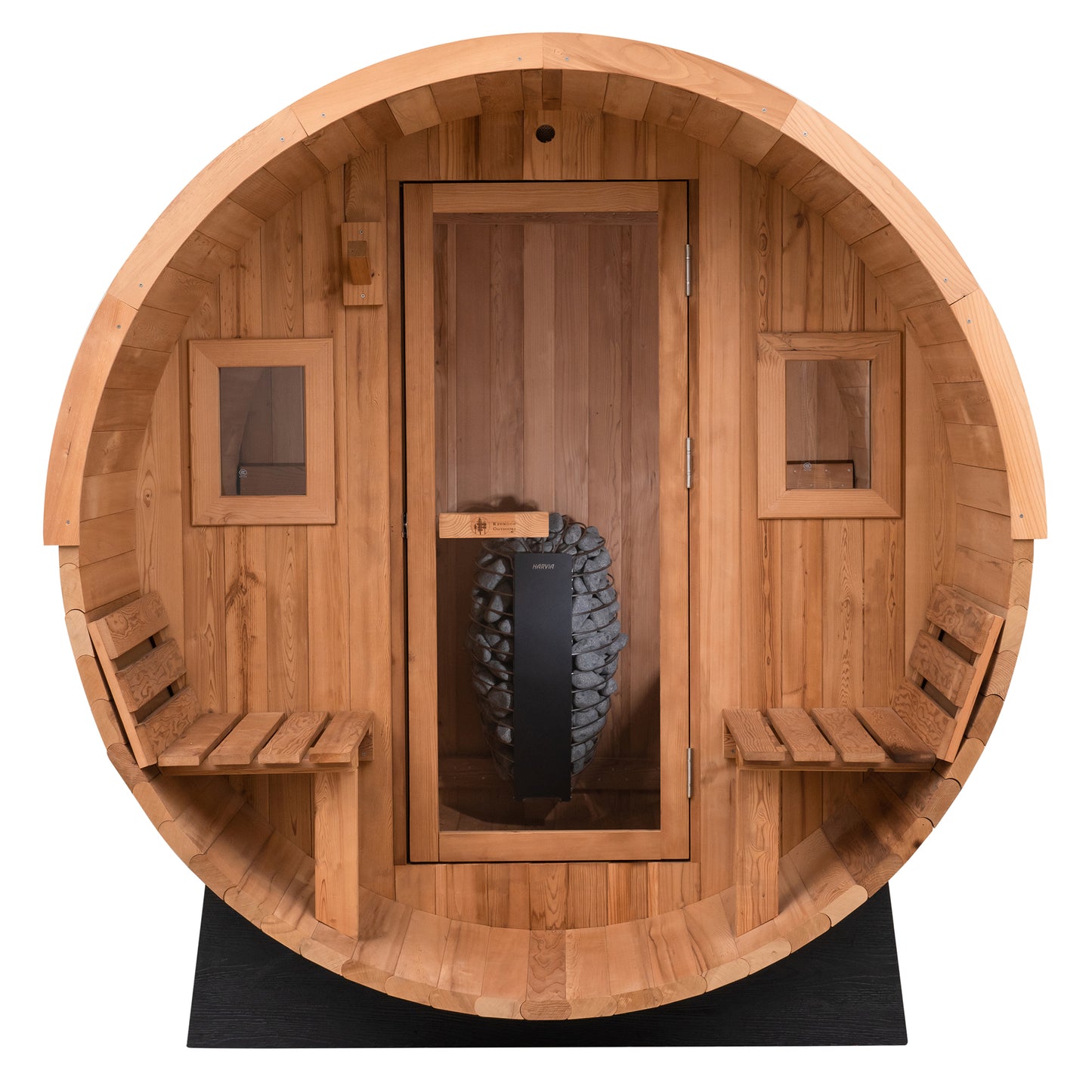 Redwood Outdoors 6 person Barrel Outdoor Sauna with porch made of hemlock with a glass door and two windows, front outside view.
