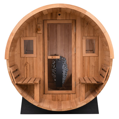 Redwood Outdoors 6 person Barrel Outdoor Sauna with porch made of hemlock with a glass door and two windows, front outside view.