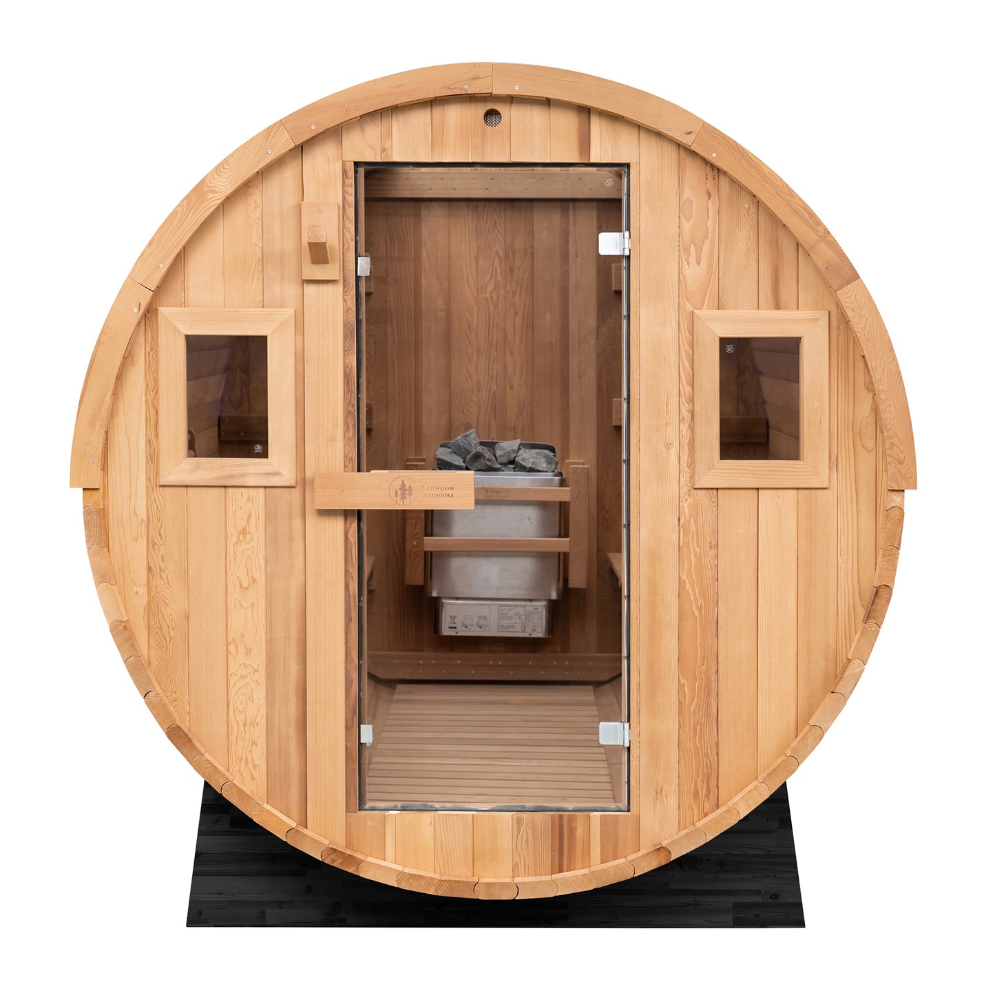 Redwood Outdoors 8 person Barrel Outdoor Sauna made of hemlock with a glass door and two windows, front outside view. 