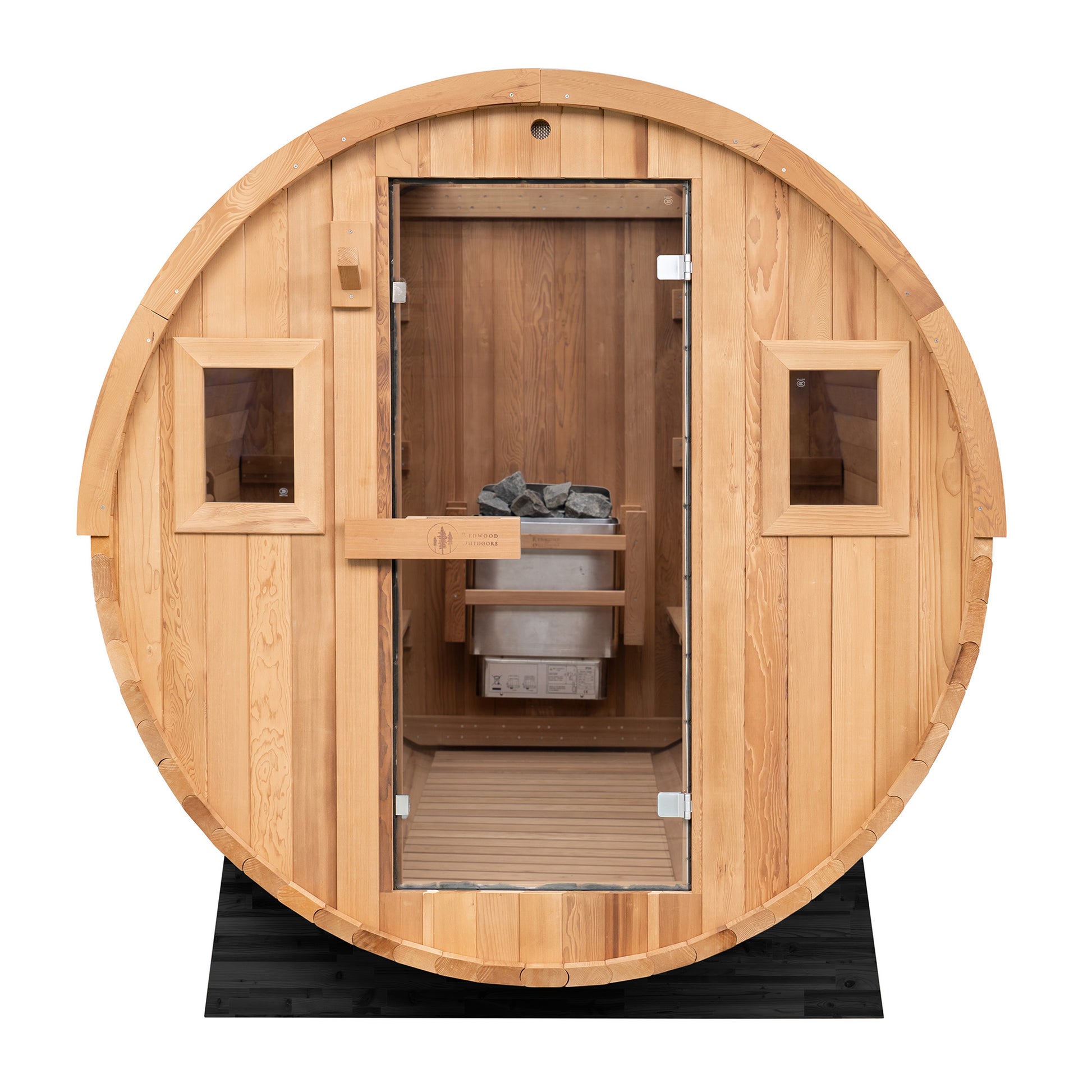 Redwood Outdoors 8 person Barrel Outdoor Sauna made of hemlock with a glass door and two windows, front outside view. 