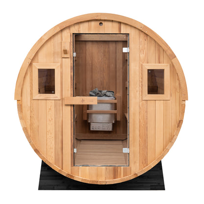 Redwood Outdoors 8 person Barrel Outdoor Sauna made of hemlock with a glass door and two windows, front outside view. 