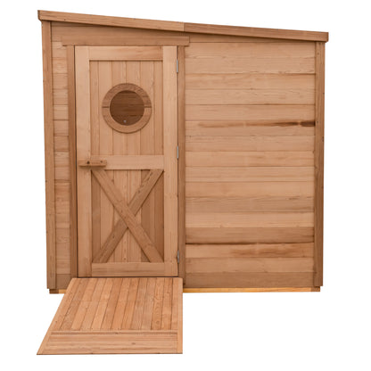 Redwood Outdoors 8 person ADA rated sauna made of hemlock with a large wooden door, glass window, and an entry ramp