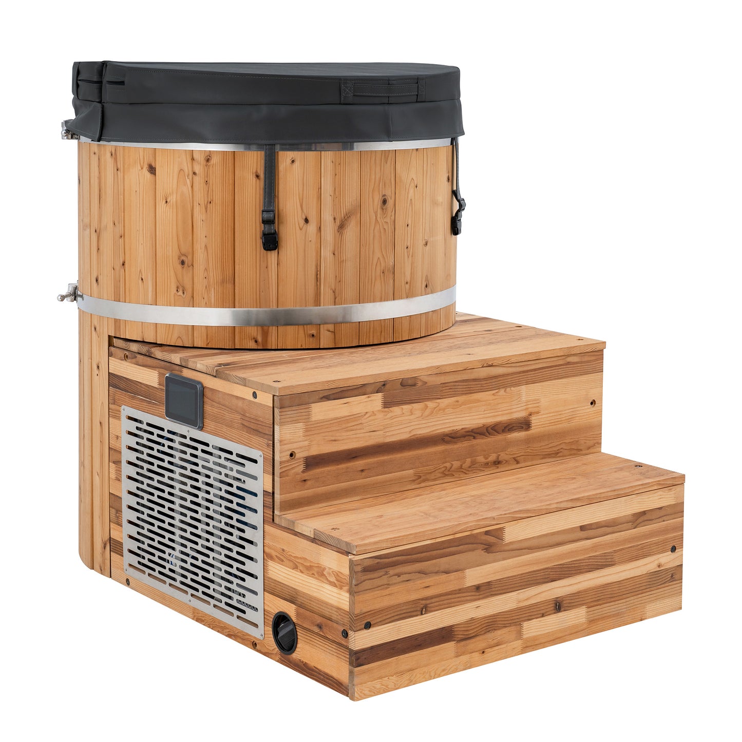 Redwood Outdoors Alaskan All-In-One Cold Plunge Tub made of heat treated wood exterior view with the lid on and stairs.