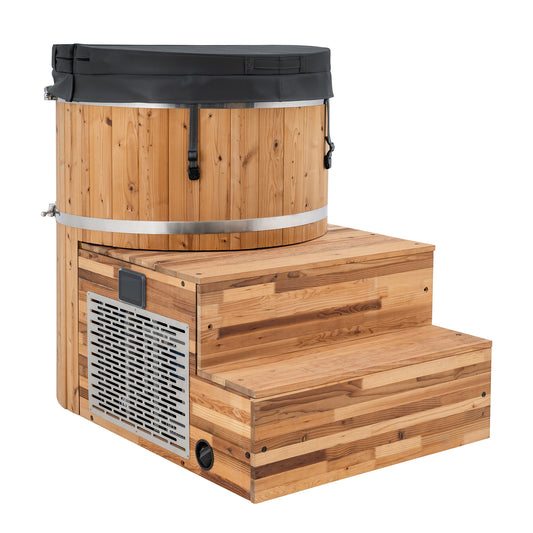 Redwood Outdoors Alaskan All-In-One Cold Plunge Tub made of heat treated wood exterior view with the lid on and stairs.