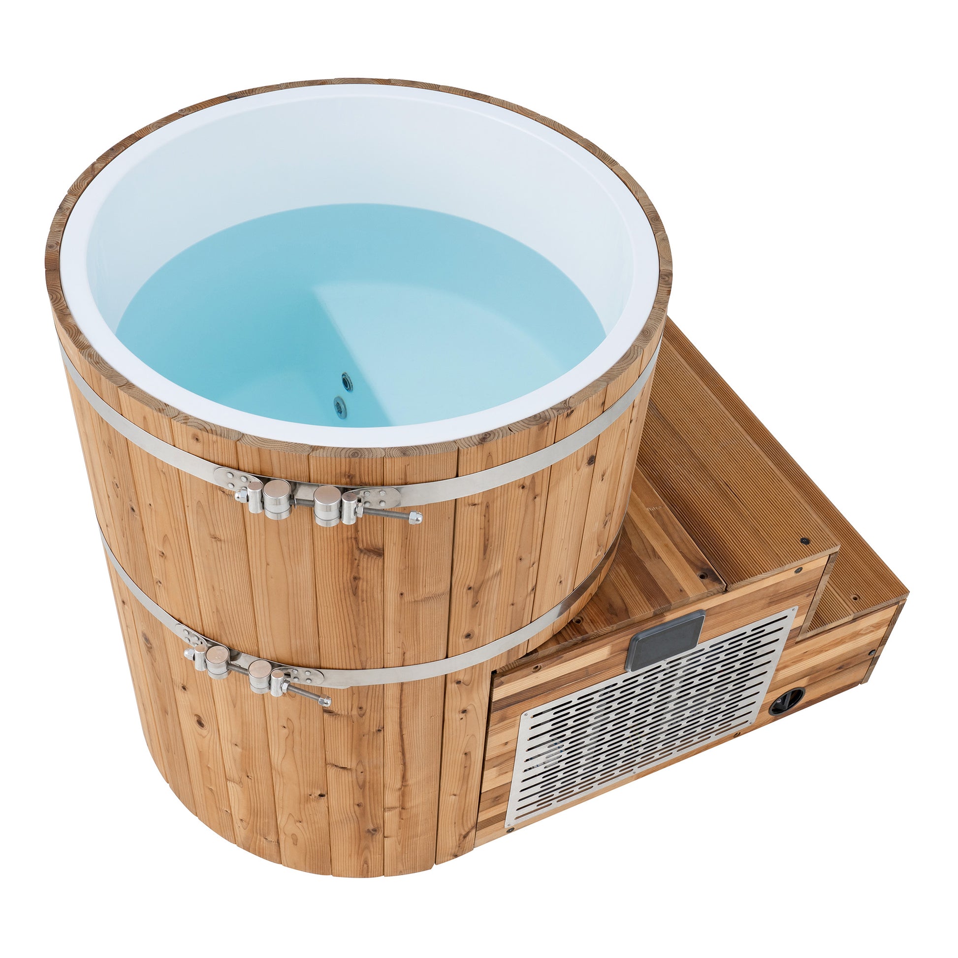 Redwood Outdoors Alaskan All-In_One Cold Plunge Tub made of heat treated wood view of the inside of the tub with water.