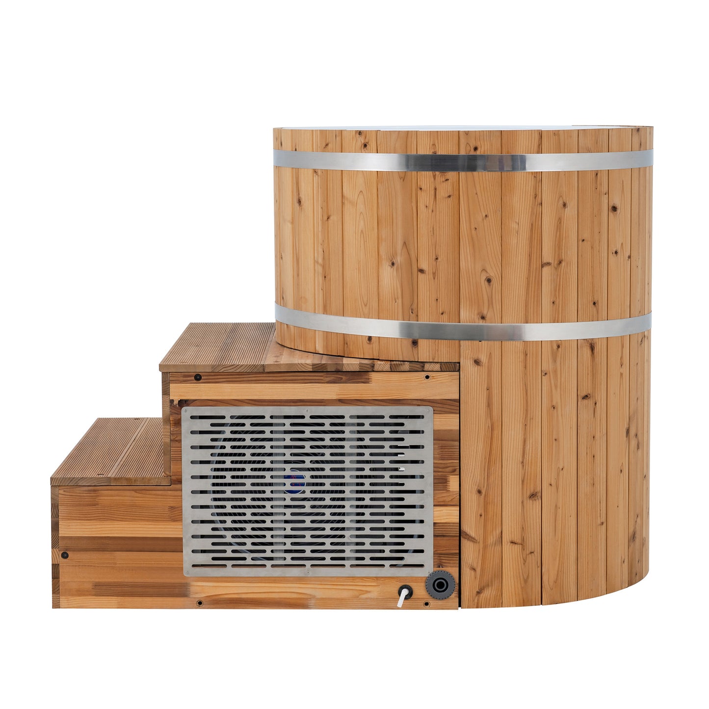 Redwood Outdoors Alaskan All-In_One Cold Plunge Tub made of heat treated wood exterior view with the lid off and stairs.