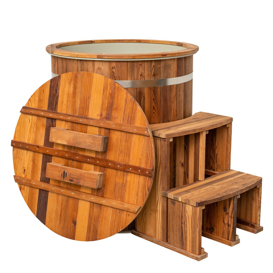Redwood Outdoors Alaskan Cold Plunge Tub made of heat treated wood exterior view with the lid off and stairs.