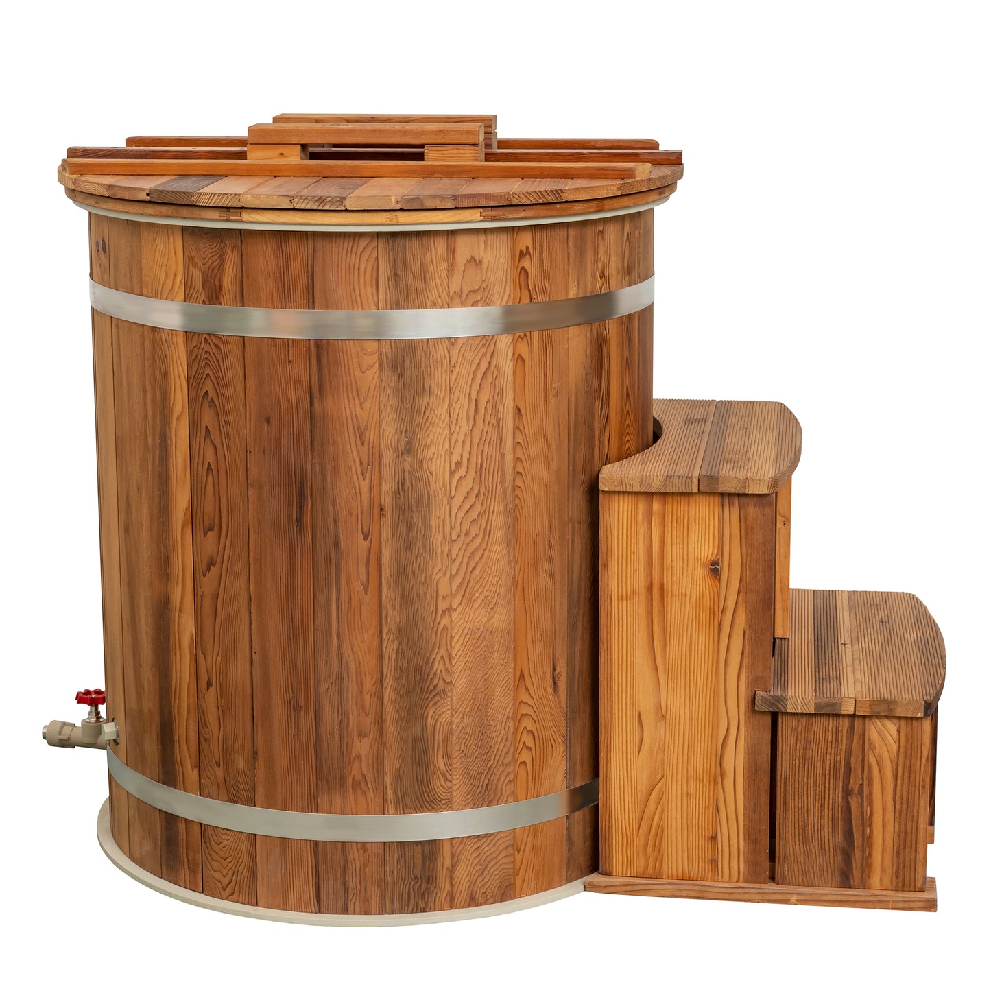 Redwood Outdoors Alaskan Cold Plunge Tub made of heat treated wood exterior view with the lid on and stairs.