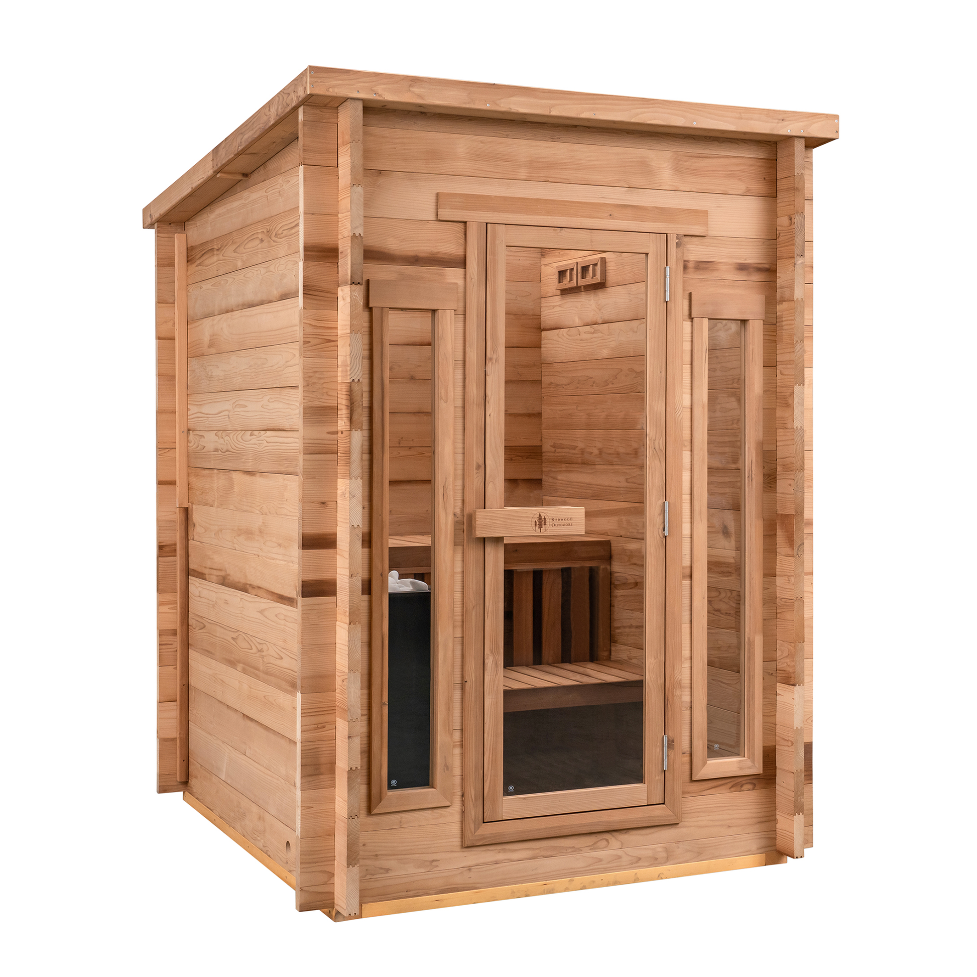 Redwood Outdoors Cabin 4 person sauna, made of hemlock wood with glass door and 2 side windows, view from a side angle.