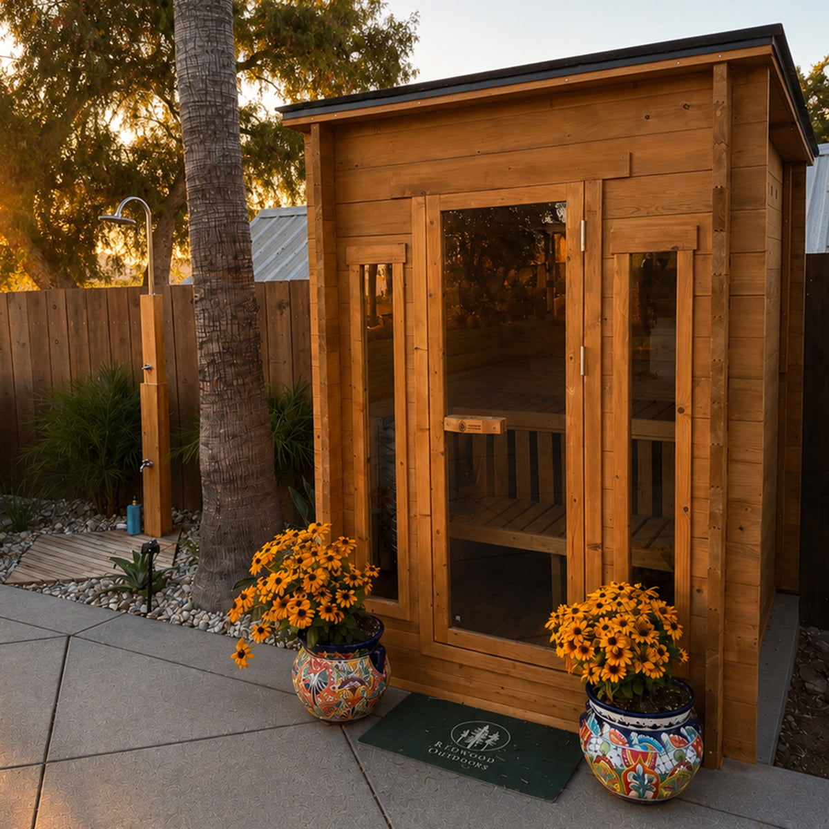 Redwood Outdoors Cabin 4 person outdoor sauna made of hemlock wood with two front windows. In a backyard at sunset. 
