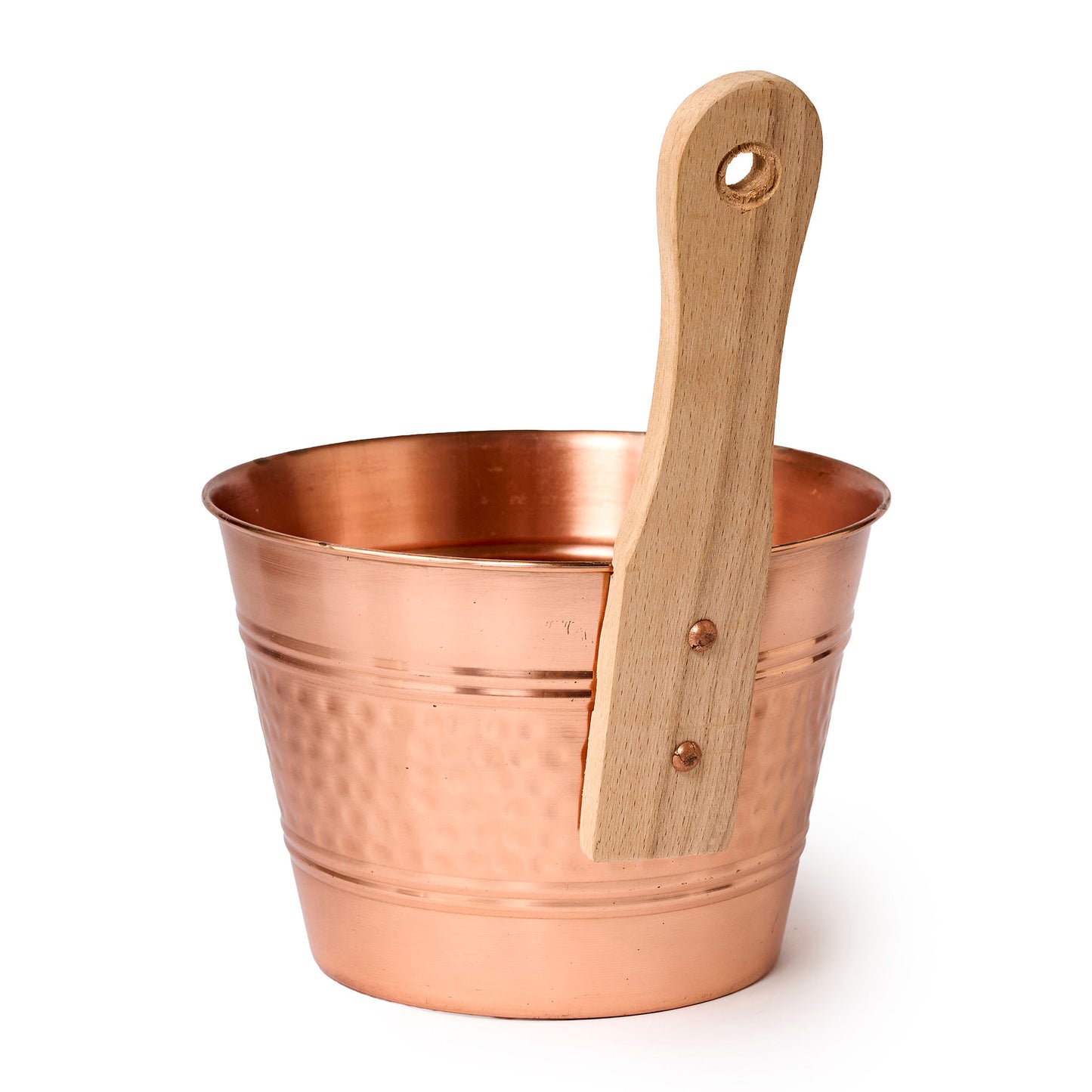 Copper bucket with wooden handle back view of handle