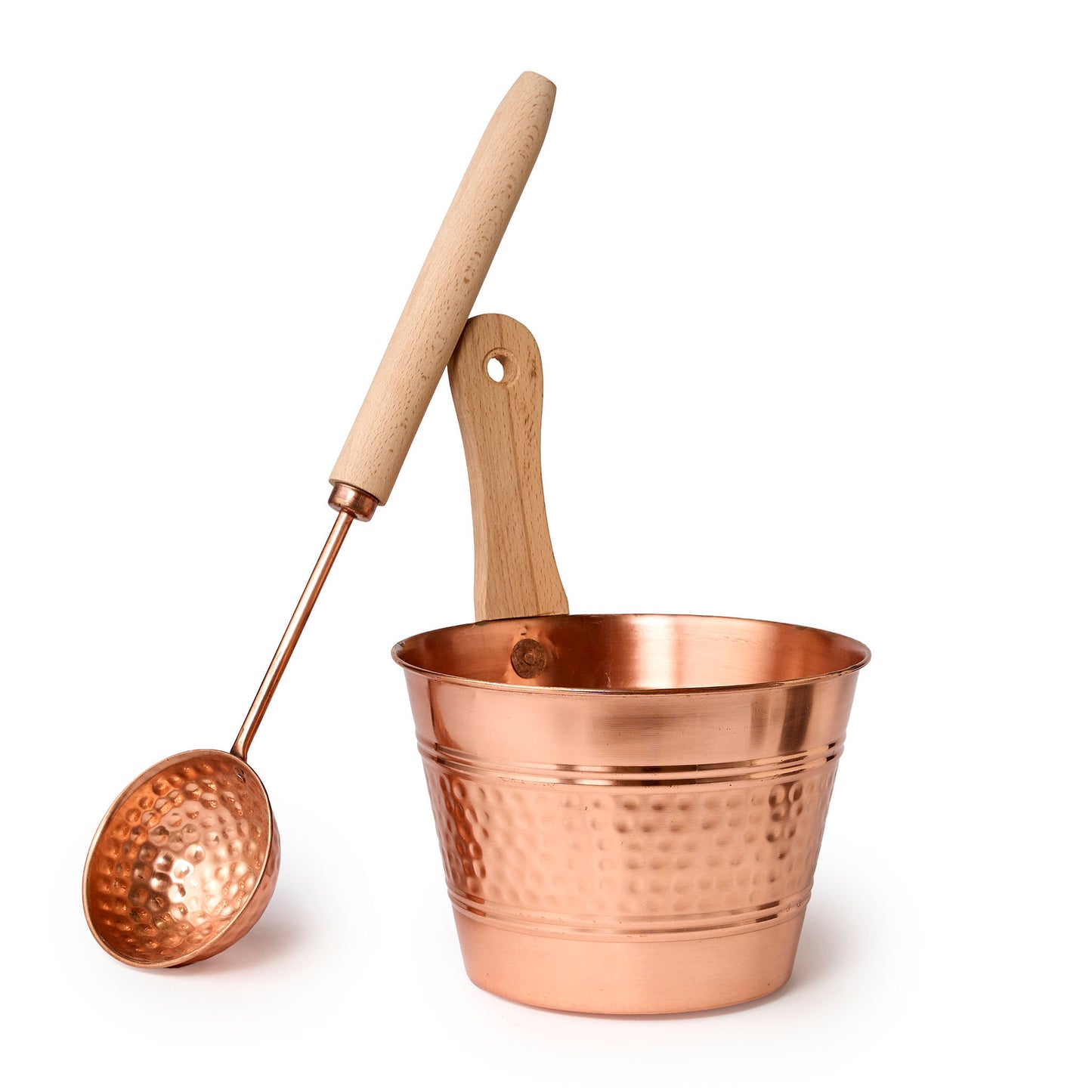 Copper bucket and ladle with wooden handles set together 
