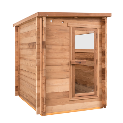 Redwood Outdoors Cove 3 person sauna, made of hemlock wood with glass door and window, view from a side angle.