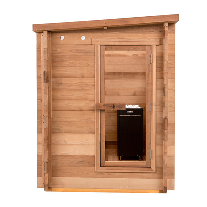 Redwood Outdoors Cove 3 person sauna, made of hemlock wood with glass door, view from the front of the sauna.