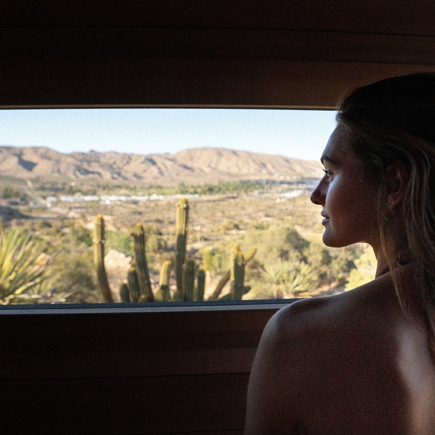 Redwood Outdoors Cove 3 person sauna. A lifestyle view inside the sauna of a women looking out a large glass window onto a dessert landscape. 