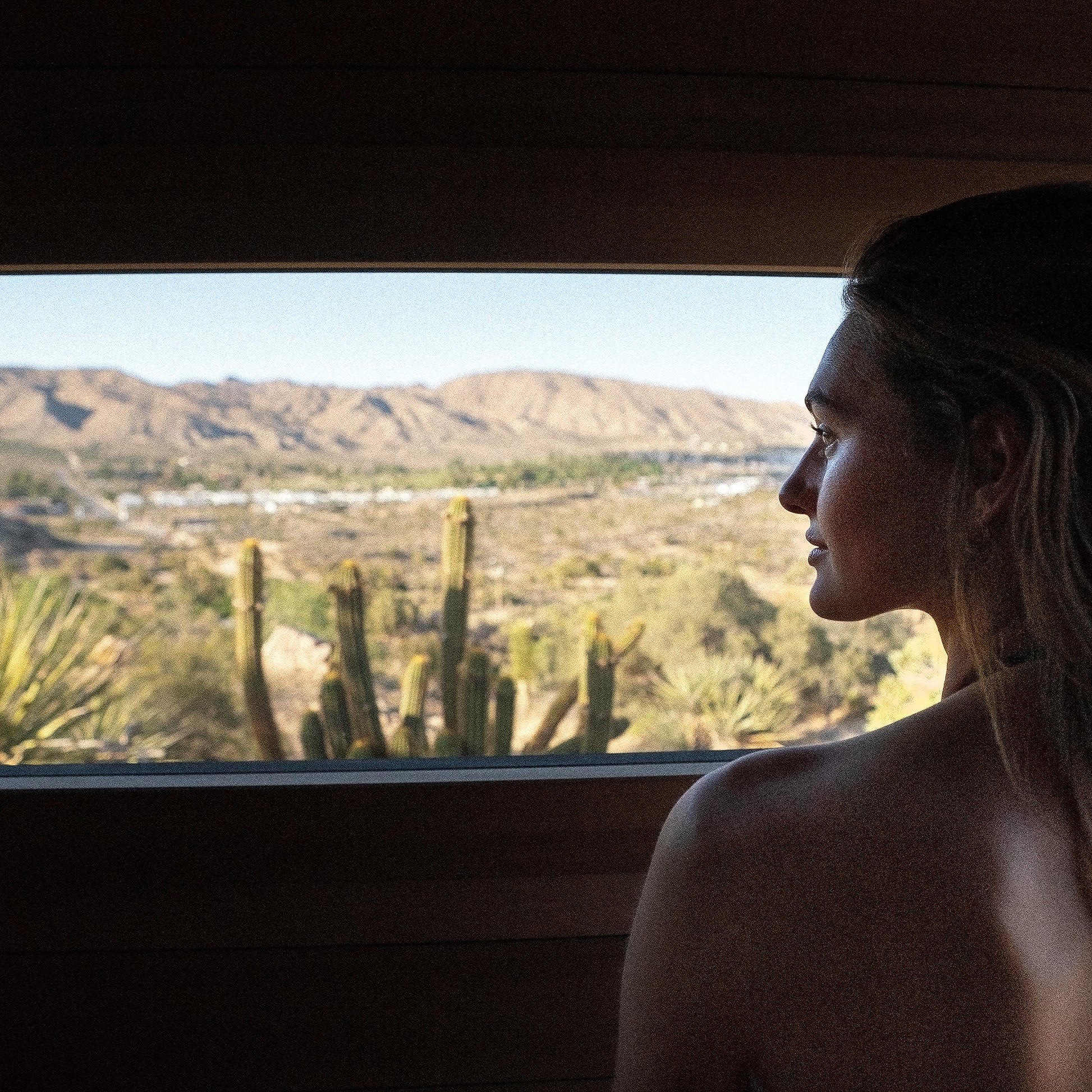 Redwood Outdoors Cove 3 person sauna. A lifestyle view inside the sauna of a women looking out a large glass window onto a dessert landscape. 