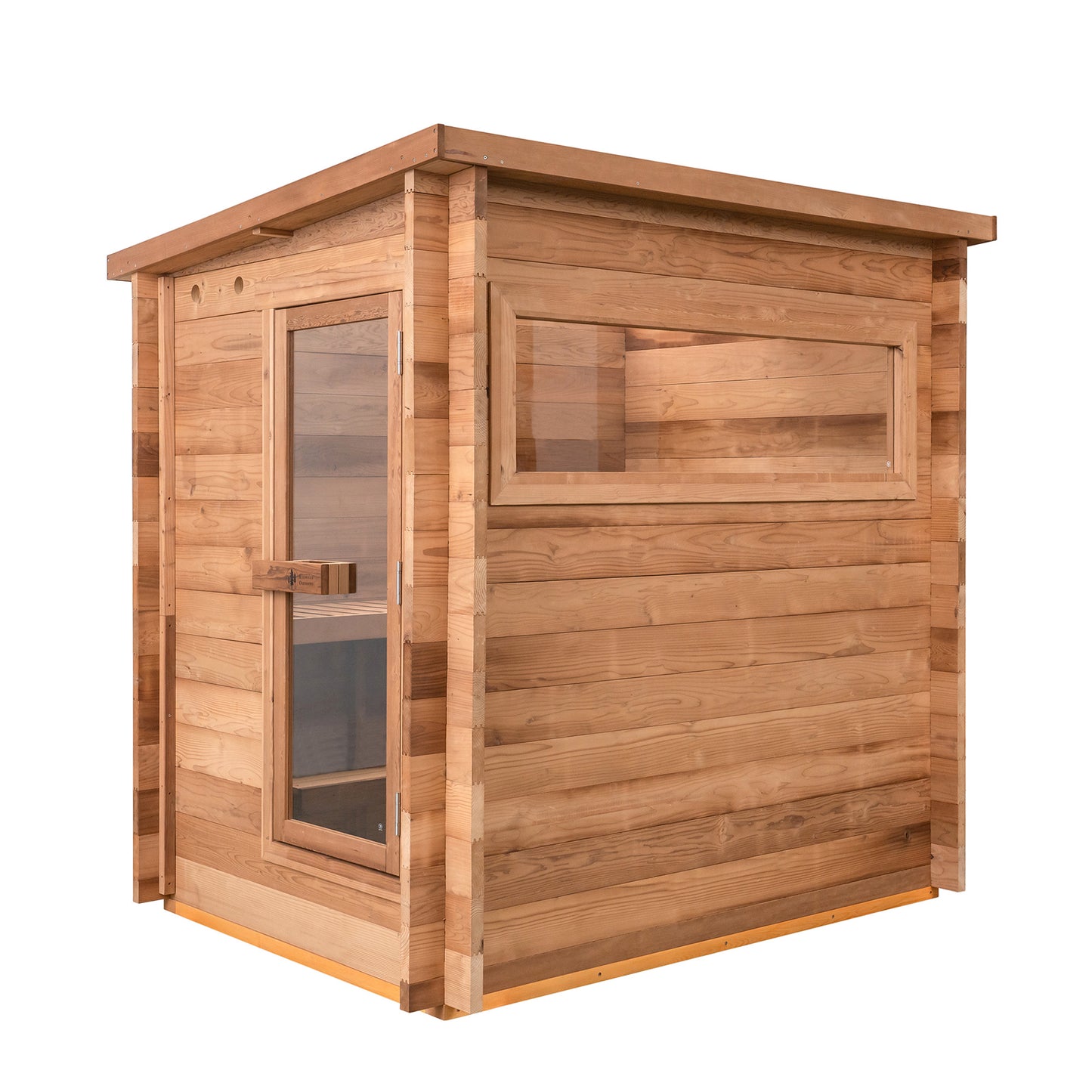 Redwood Outdoors Cove 3 person sauna, made of hemlock wood with glass door and large side glass window, view from the side of the sauna.