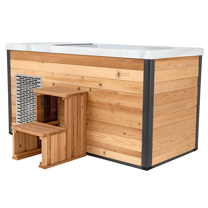 Redwood Outdoors Denali All-In_One Cold Plunge Tub made of heat treated unstained wood exterior view with the lid off view of the stairs.