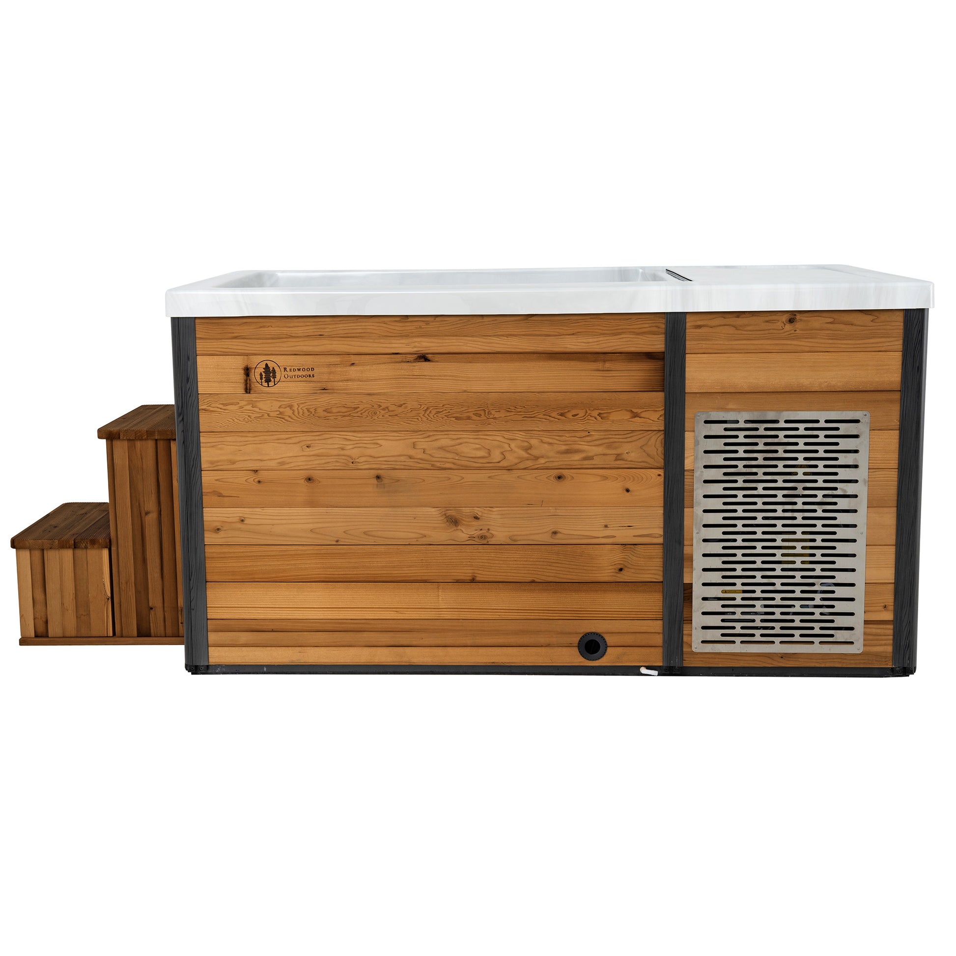 Redwood Outdoors Denali All-In_One Cold Plunge Tub made of heat treated wood exterior view with the lid off view of the stairs.