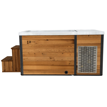 Redwood Outdoors Denali All-In_One Cold Plunge Tub made of heat treated wood exterior view with the lid off view of the stairs.