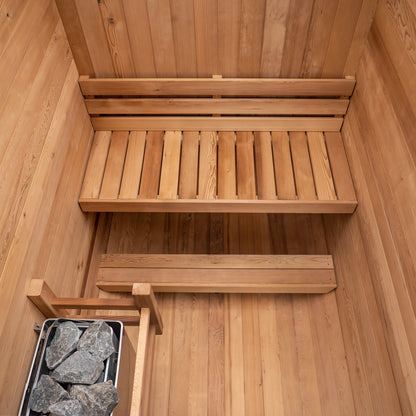 Redwood Outdoors Duo 2 person outdoor sauna, made of hemlock wood interior view from above.