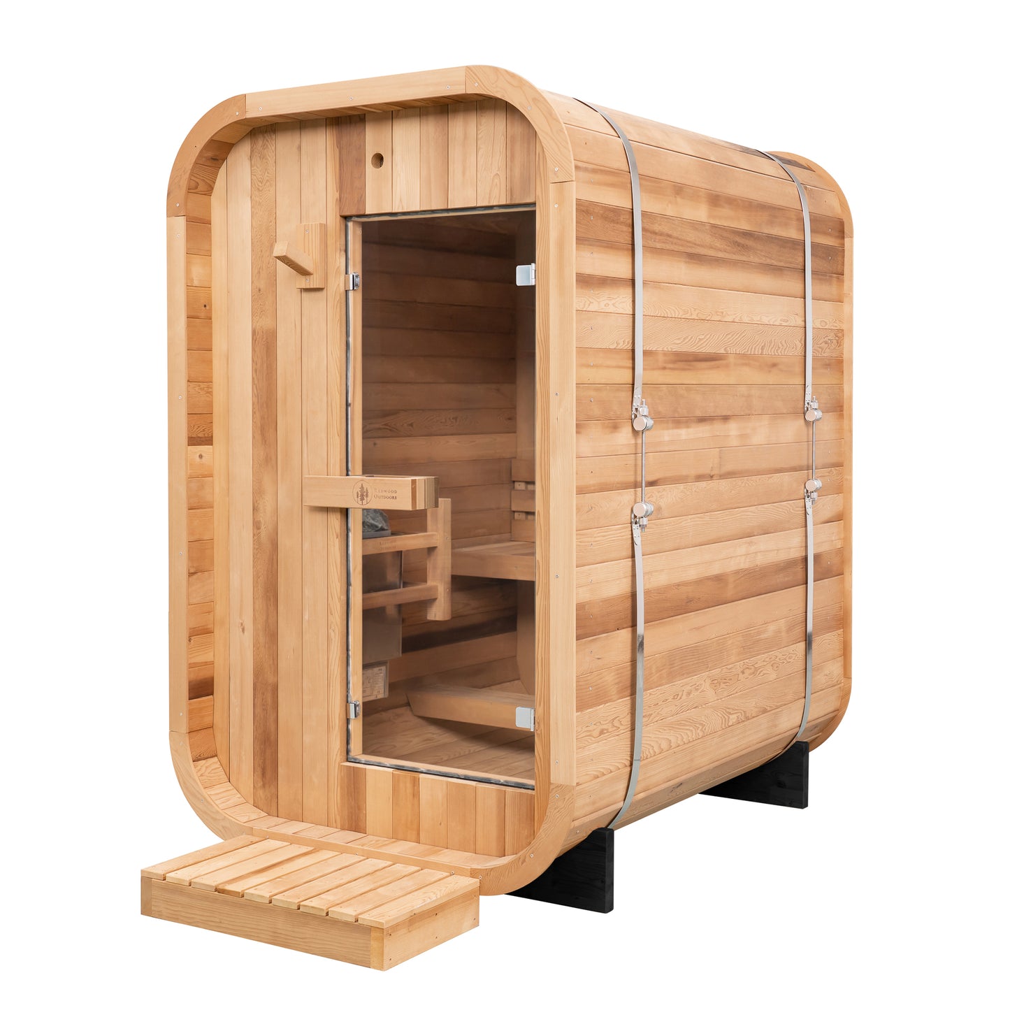 Redwood Outdoors Duo 2 person outdoor sauna, made of hemlock wood with a glass door front angle view.