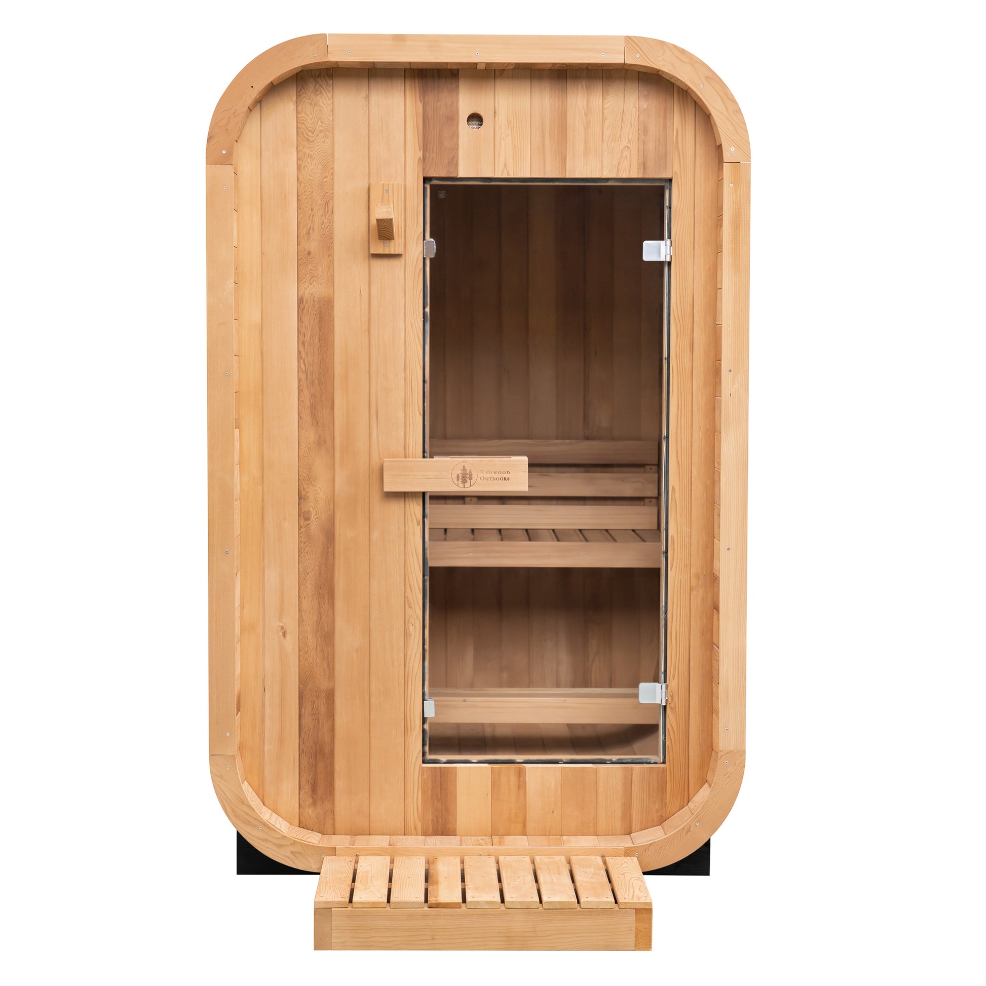 Redwood Outdoors Duo 2 person outdoor sauna, made of hemlock wood with a glass door front view