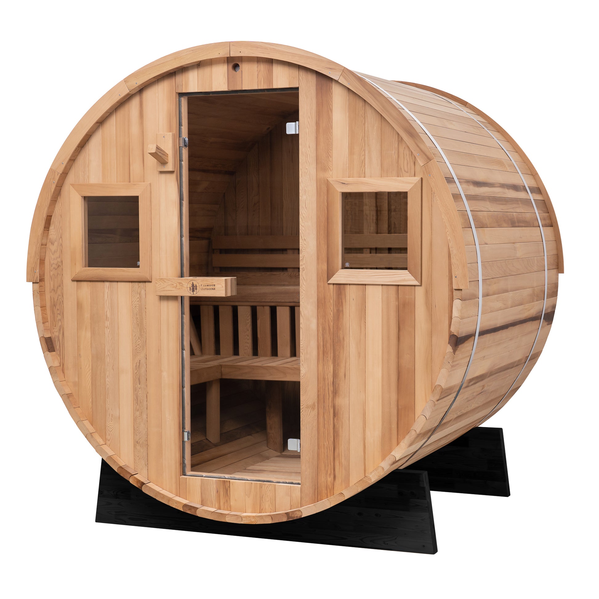 Redwood Outdoors Extra-Wide 6 Person Barrel Outdoor sauna, made of hemlock wood with glass door view from a side angle.