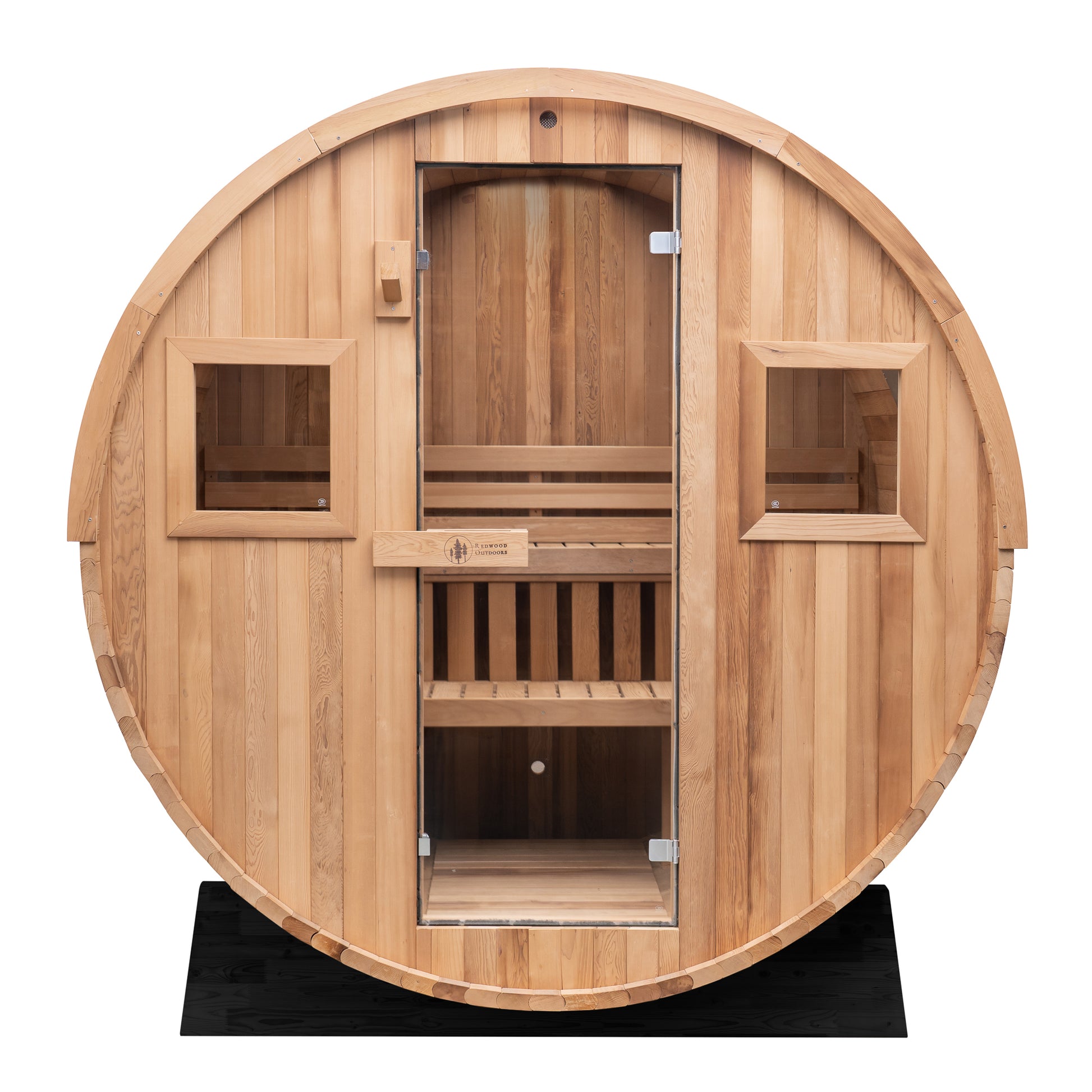 Redwood Outdoors Extra-Wide 6 Person Barrel Outdoor sauna, made of hemlock wood with glass door view from the front.