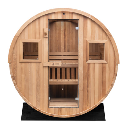 Redwood Outdoors Extra-Wide 6 Person Barrel Outdoor sauna, made of hemlock wood with glass door view from the front.