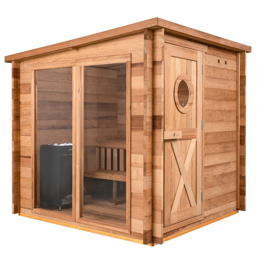 Redwood Outdoors Garden 8 person sauna, made of hemlock wood with wood door and glass window, view from a side angle.