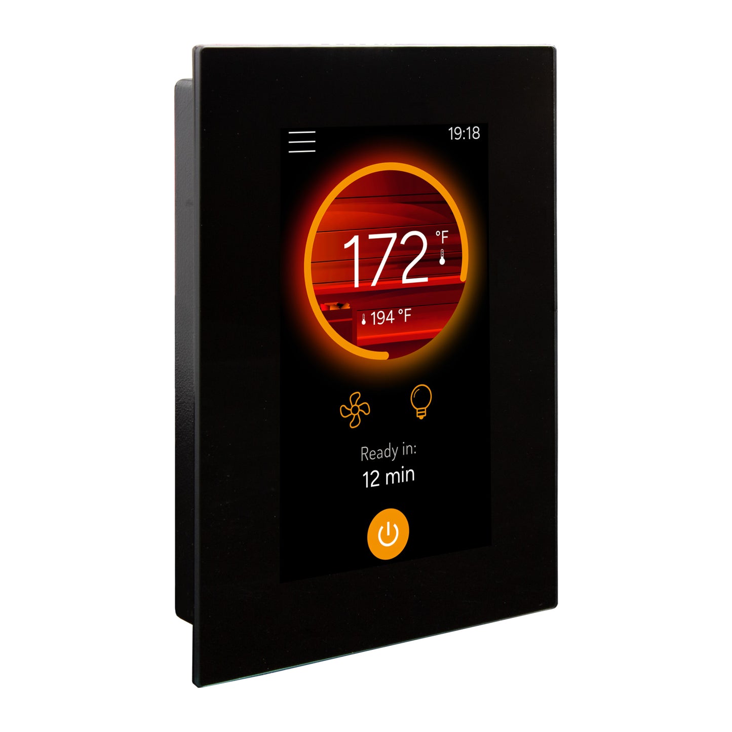 Harvia Fenix sauna heater controller shown at an angle with a white background showing the electronic display. 