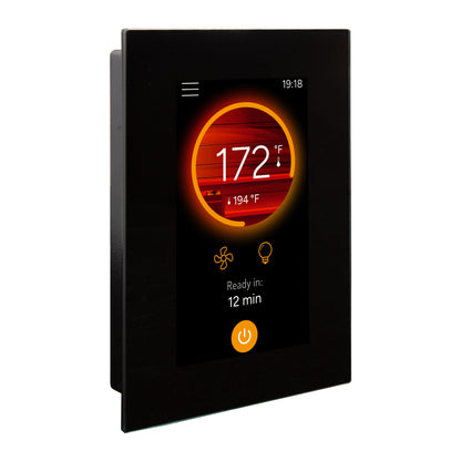 Harvia Fenix sauna heater controller shown at an angle with a white background showing the electronic display. 